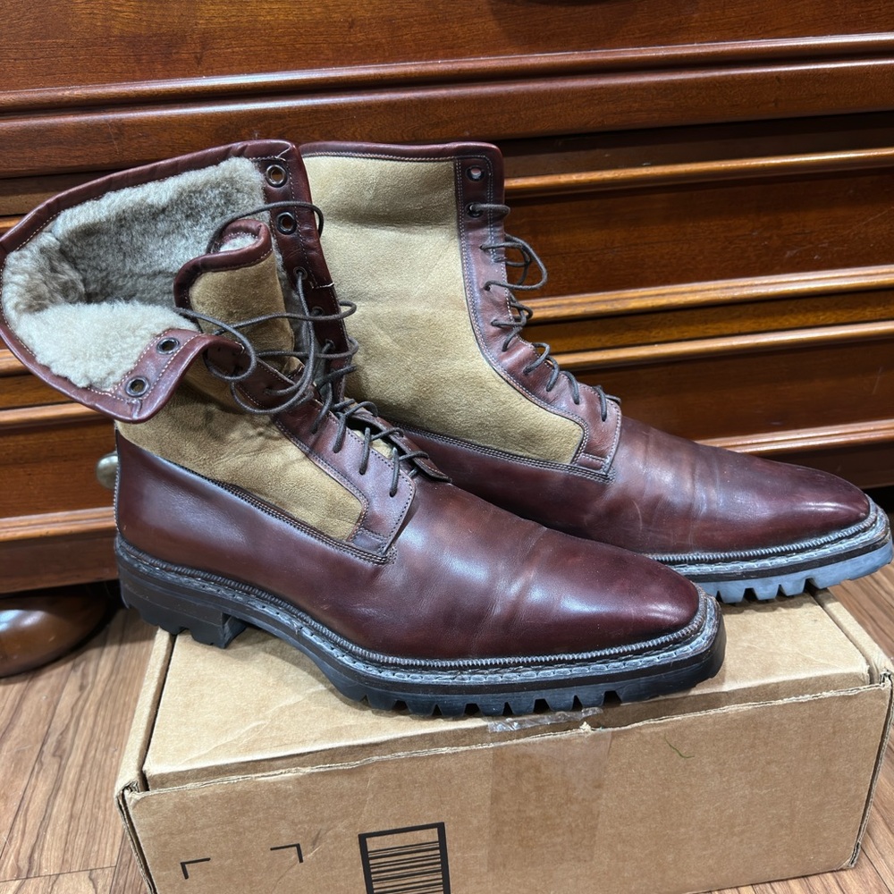 Santoni caoutchouc Shearling Boots Reddish Brown Leather Men's Size 8 US RARE